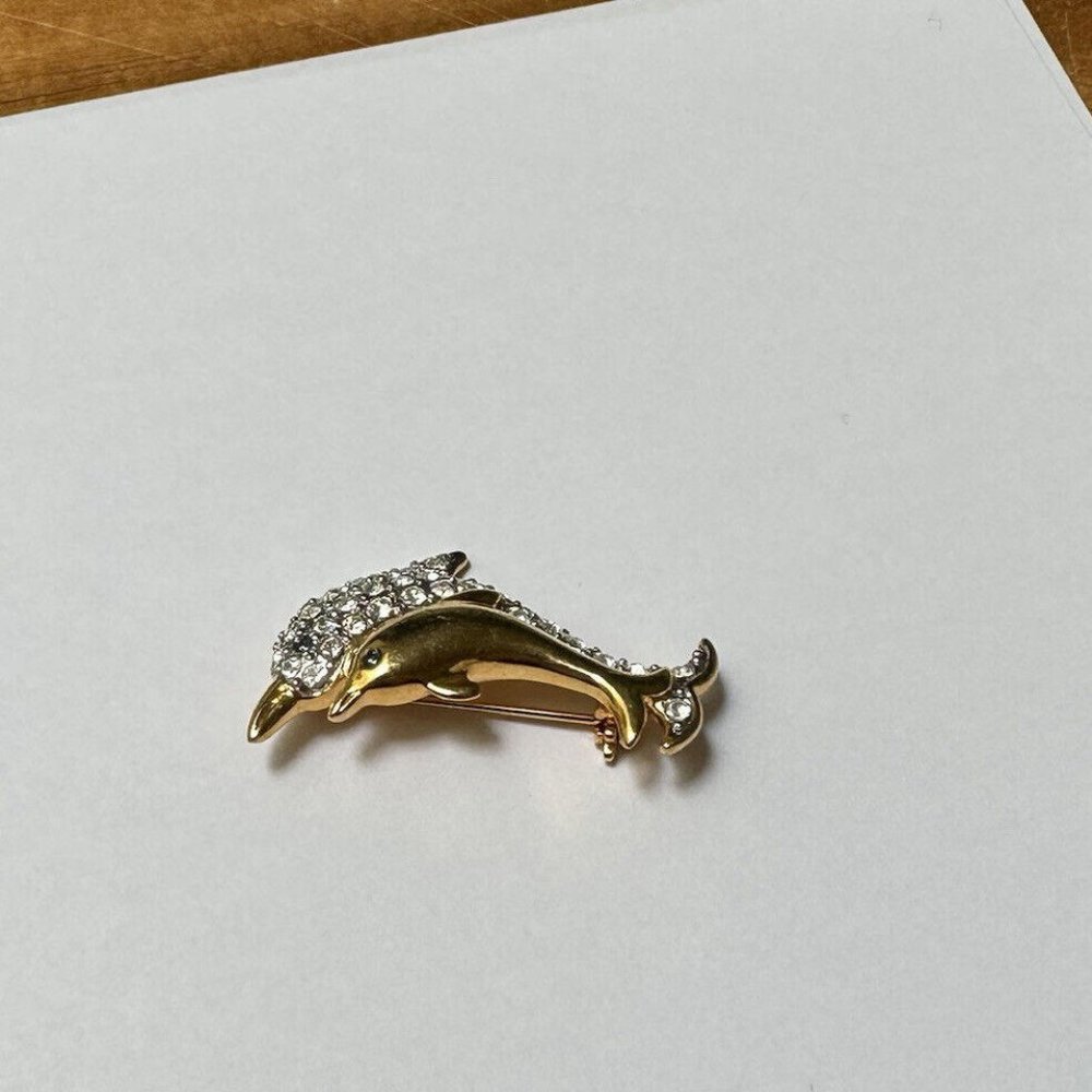 Mom & Baby Dolphin Rhinestone Gold Tone Small Brooch Pin